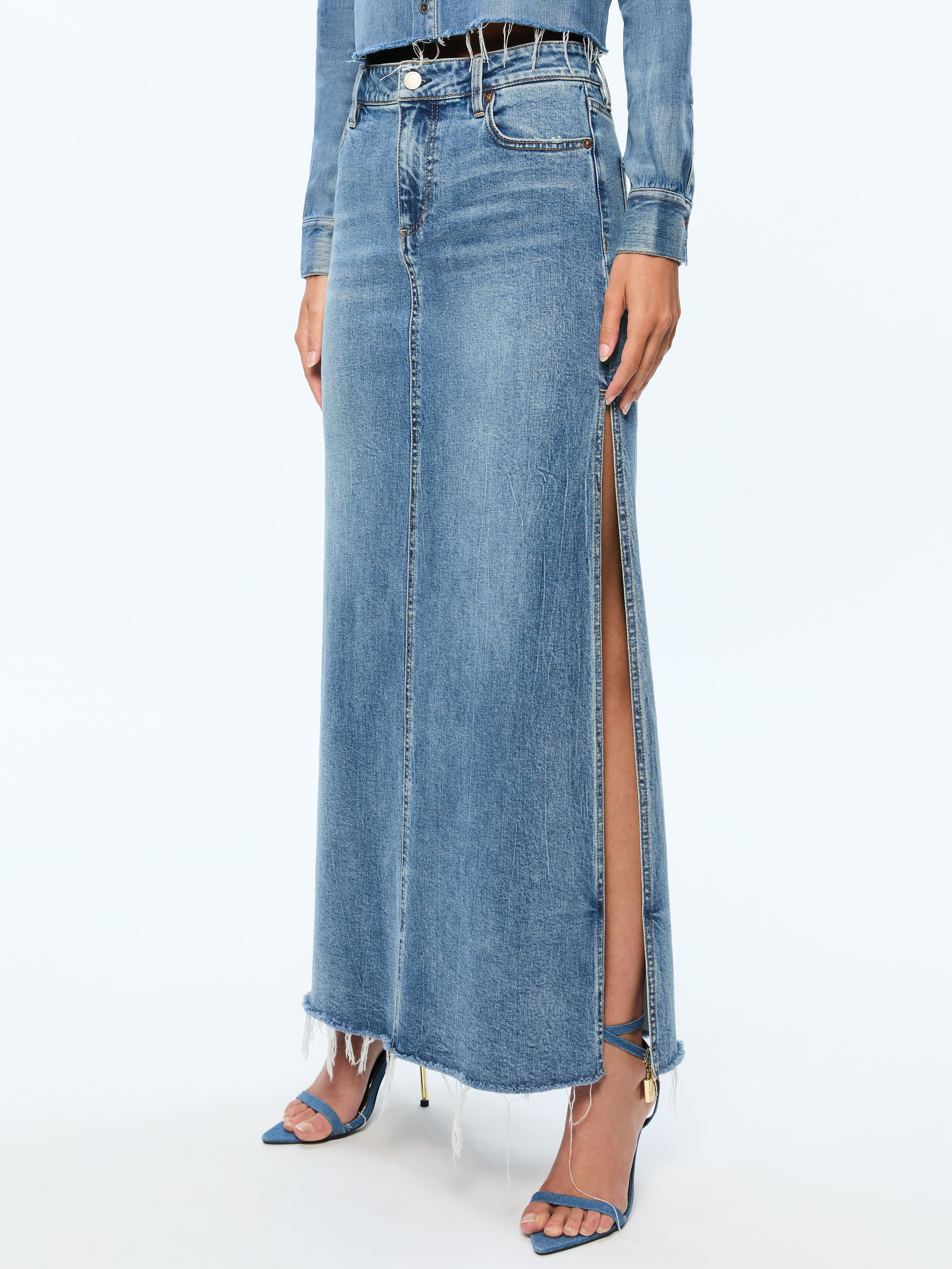 Marissa High Rise Maxi Skirt With Side Slit In Brooklyn Blue Alice Olivia