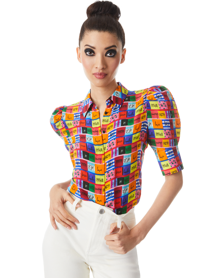 WILLA SCRUNCHED PUFF SLEEVE PLACKET TOP - LOVE PATCH - Alice And Olivia