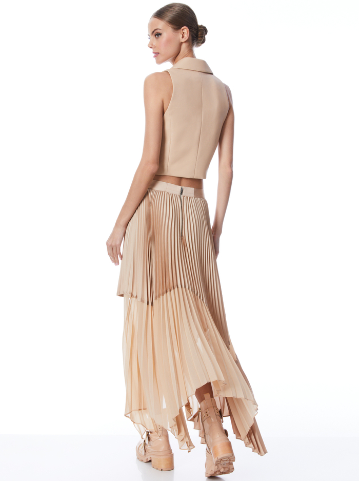 FRALEY SUNBURST PLEATED ASYMMETRIC MIDI SKIRT - ALMOND image 1 - Alice And Olivia