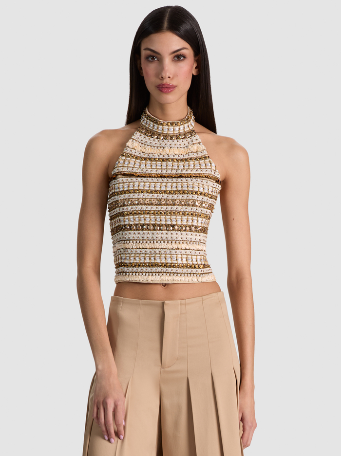 GATZ LINEN EMBELLISHED TOP - OATMEAL/MULTI - ALICE + OLIVIA