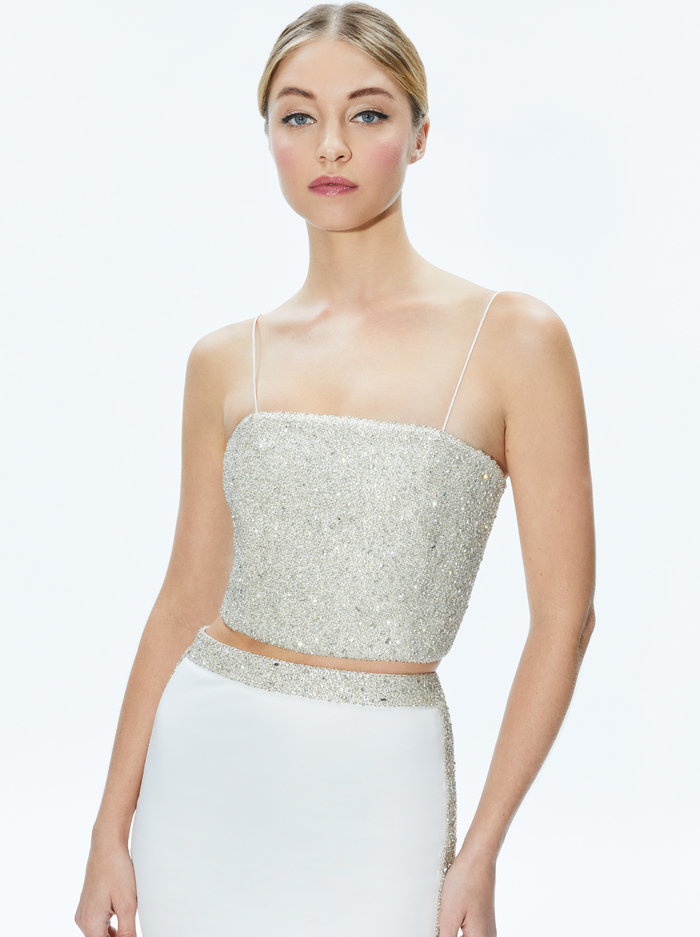 CERESI EMBELLISHED CROP TOP - OFF WHITE/CRYSTAL - Alice And Olivia