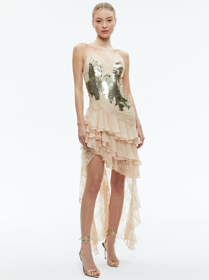 NELIA SEQUINED HIGH LOW RUFFLED MAXI DRESS - PALE GOLD - Alice And Olivia