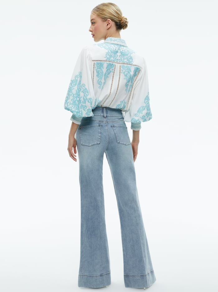 LORYN EMBROIDERED BUTTON DOWN BLOUSE - OFF WHITE/SPRING SKY image 2 - Alice And Olivia