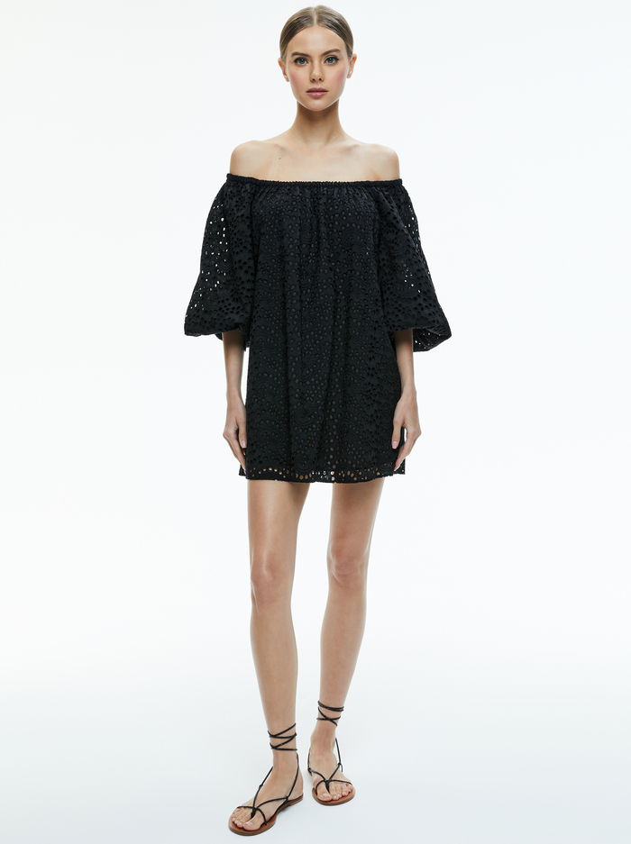 ARTEMIS OFF THE SHOULDER BLOUSON SLEEVE MINI DRESS - BLACK - Alice And Olivia