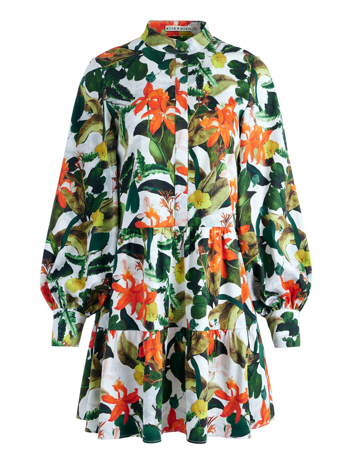 CAILIN BUTTON FRONT BLOUSON SLEEVE MINI DRESS - TROPICAL SUNRISE OFF WHITE image 5 - Alice And Olivia