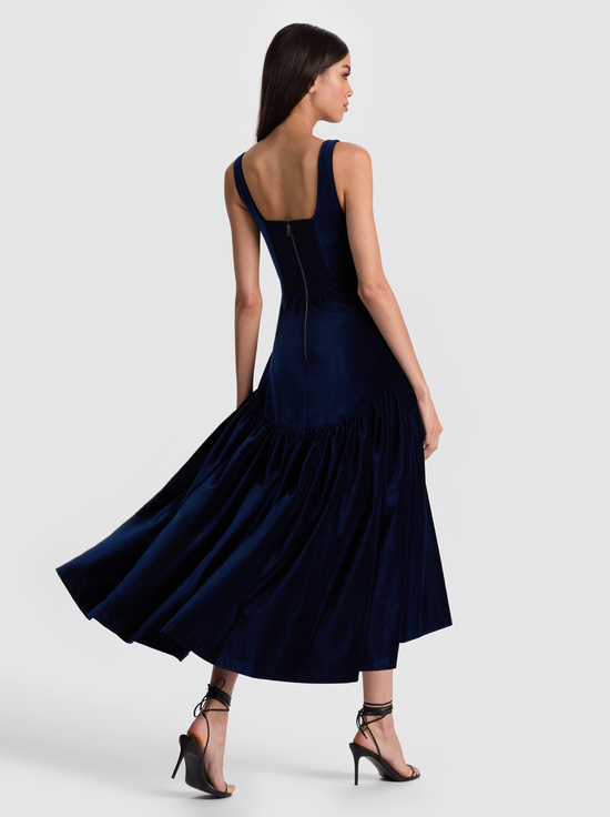 DARK MIDNIGHT BLUE-DIANA VELVET STRUCTURED MIDI DRESS