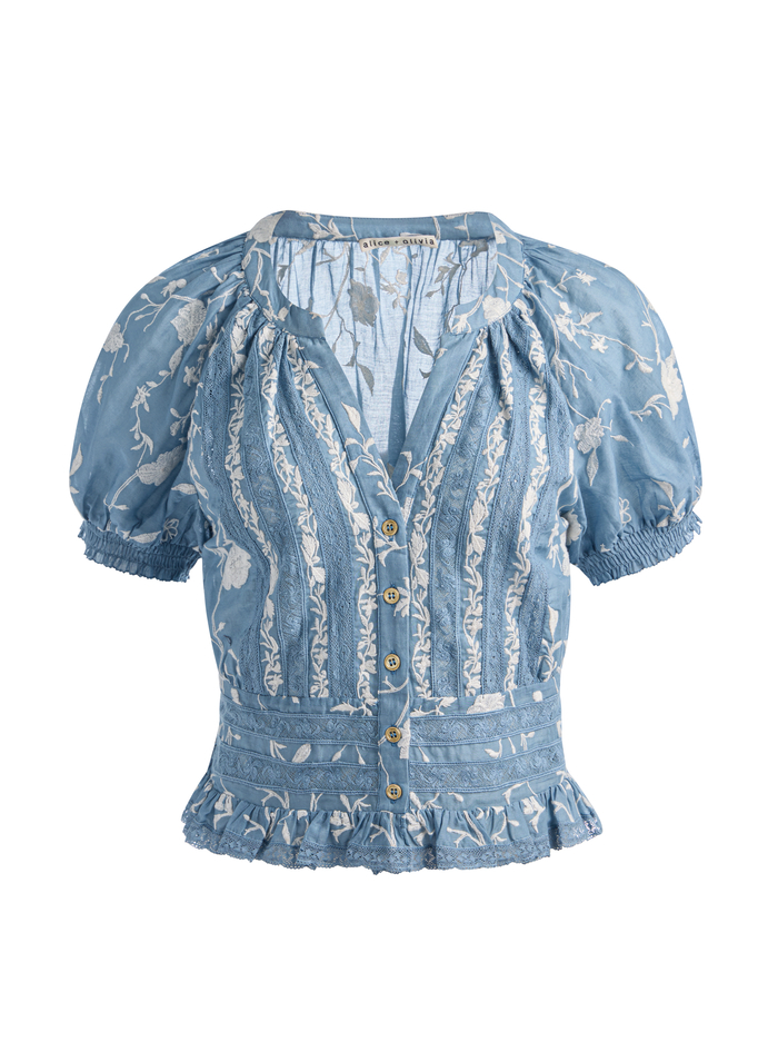 KATHRYN LACE TRIM BLOUSE - DEEP DENIM BLUE/VANILLA image 5 - ALICE + OLIVIA
