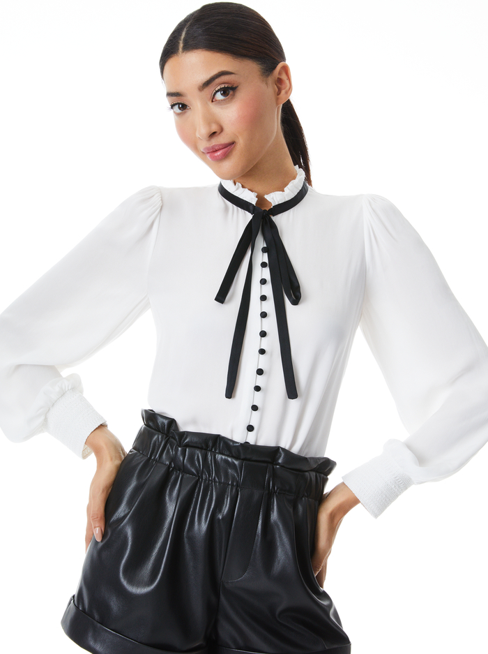 ZINA BUTTON DOWN NECK TIE BLOUSE - OFF WHITE/BLACK - Alice And Olivia