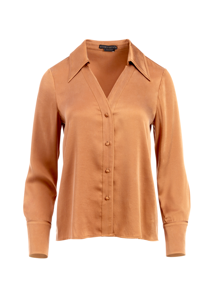 HOPE BUTTON DOWN BLOUSE - CAMEL image 5 - Alice And Olivia