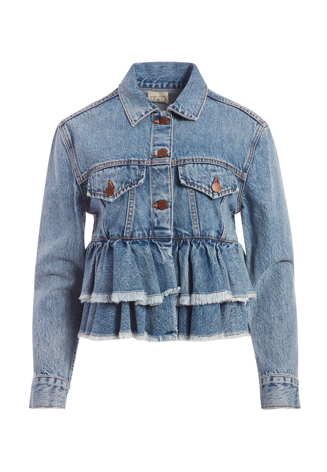alice and olivia ruffle denim jacket