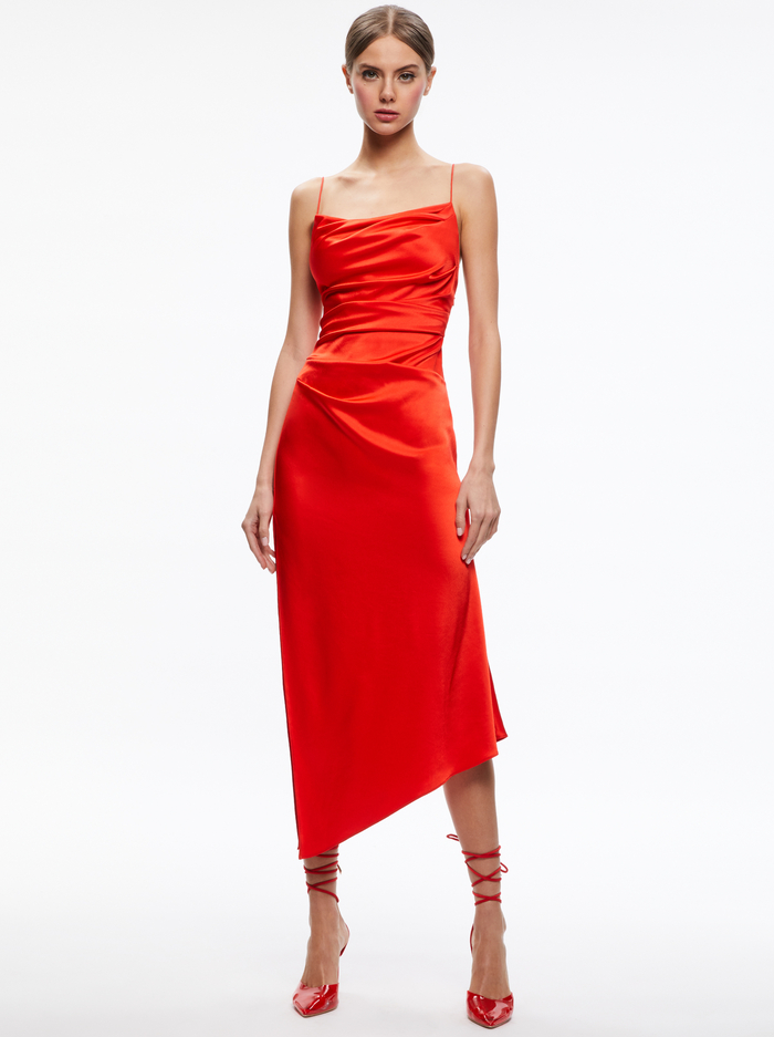 VISTA ASYMMETRICAL MIDI SLIP DRESS - CHILI PEPPER - Alice And Olivia