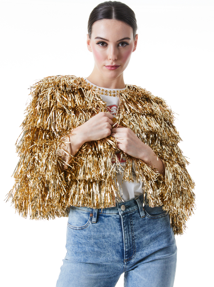 Fawn Fringe Tinsel Jacket In Gold | Alice And Olivia