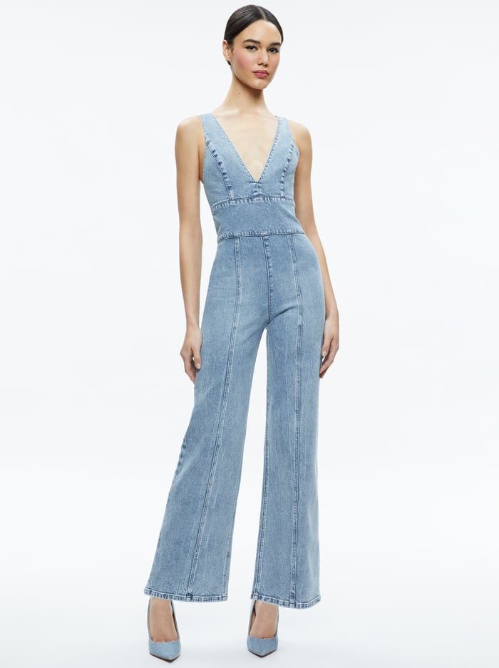 SANDRA DEEP V NECK JUMPSUIT - SULLIVAN VINTAGE BLUE image 1 - Alice And Olivia
