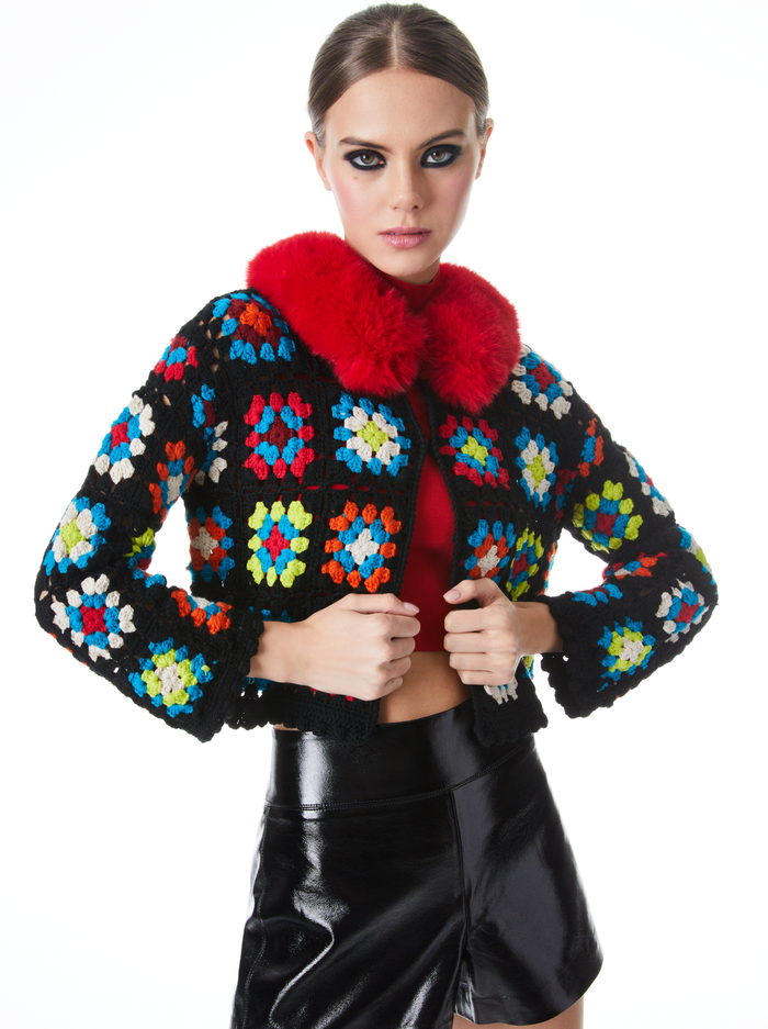ANDERSON CROPPED FAUX FUR COLLARED CARDIGAN - MULTI/PERFECT RUBY - Alice And Olivia