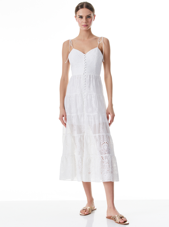 SHANTI EYELET BUTTON FRONT TIERED DRESS - WHITE - Alice And Olivia