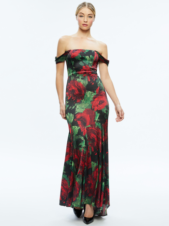 CLOUD FLORAL BORDEAUX LG-ARZA OFF SHOULDER MAXI DRESS