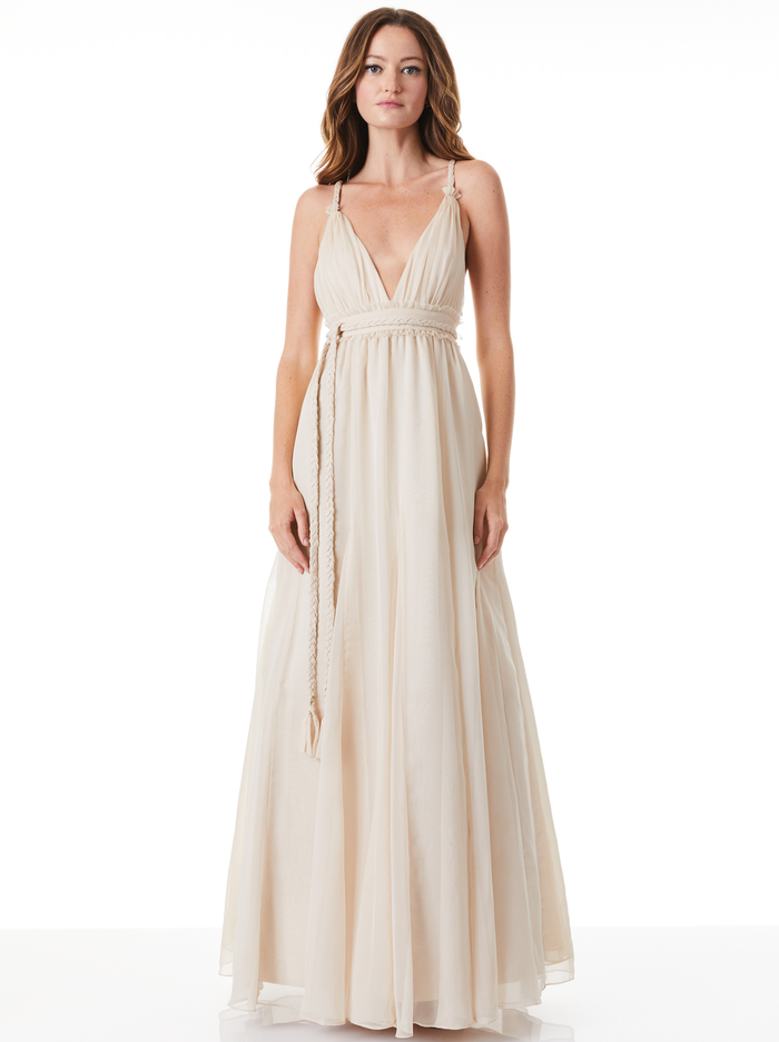 CARISA DEEP V-NECK GOWN WITH BRAIDED BELT - CHAMPAGNE - Alice And Olivia