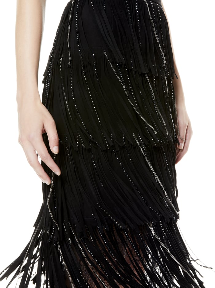 MISHA SUEDE FRINGE MIDI SKIRT - BLACK/ANTIQUE SILVER image 3 - Alice And Olivia
