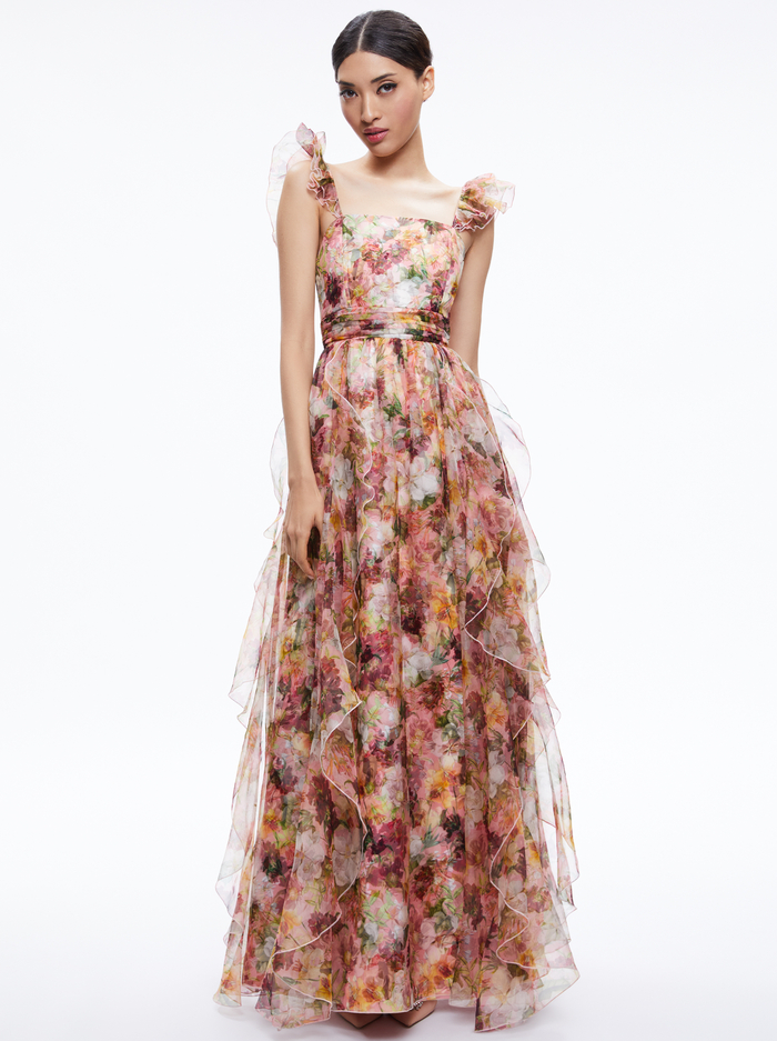 JASMINA RUFFLE GOWN - JUNIPER FLORAL BLACK image 2 - Alice And Olivia