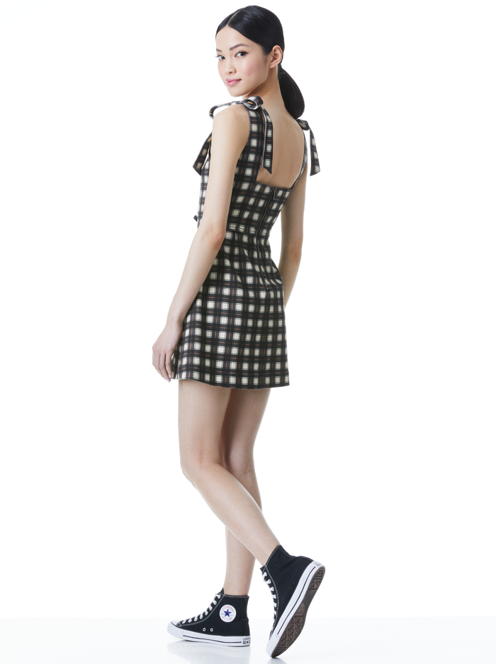 MARYANN PLAID TIE SHOULDER MINI DRESS - SHAW PLAID LG ANTIQUE WHITE image 1 - ALICE + OLIVIA