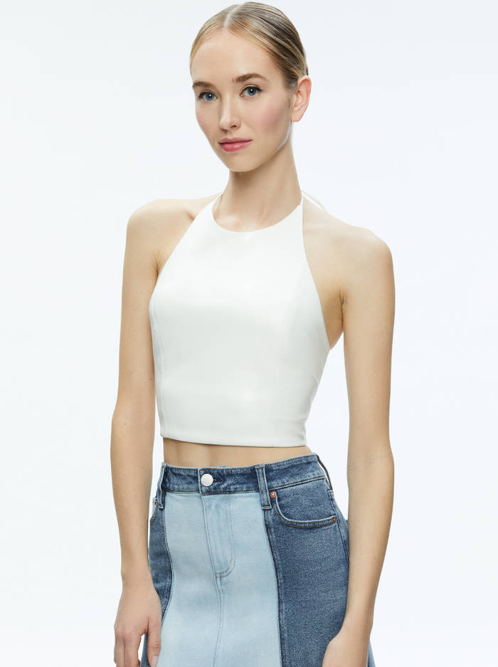 JAYMEE VEGAN LEATHER CROPPED HALTER TOP - OFF WHITE - Alice And Olivia