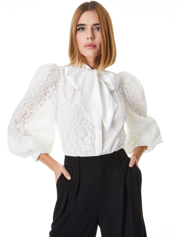 BRENTLEY TIE NECK BLOUSON SLEEVE BLOUSE - OFF WHITE - Alice And Olivia