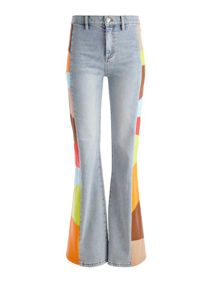 BEAUTIFUL VEGAN LEATHER PATCHWORK FLARE JEAN - ROCKSTAR BLUE / MULTI image 5 - Alice And Olivia