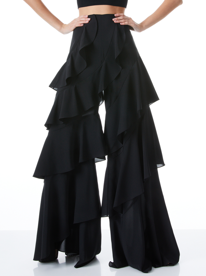 LOTUS WIDE LEG RUFFLE PANT - BLACK - Alice And Olivia