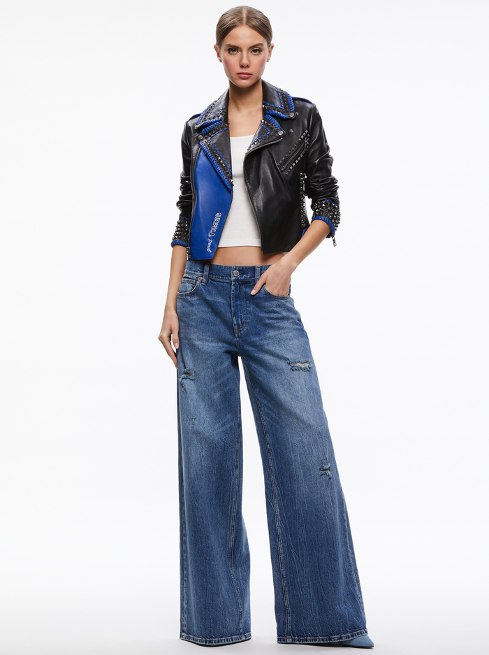 A+O X DEBORAH KASS CODY MOTO LEATHER JACKET - BLACK/BLUE image 2 - Alice And Olivia
