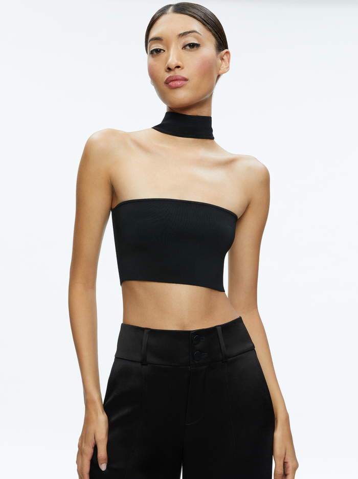 RAYA MOCK NECK RACERBACK CROPPED PULLOVER - BLACK - Alice And Olivia