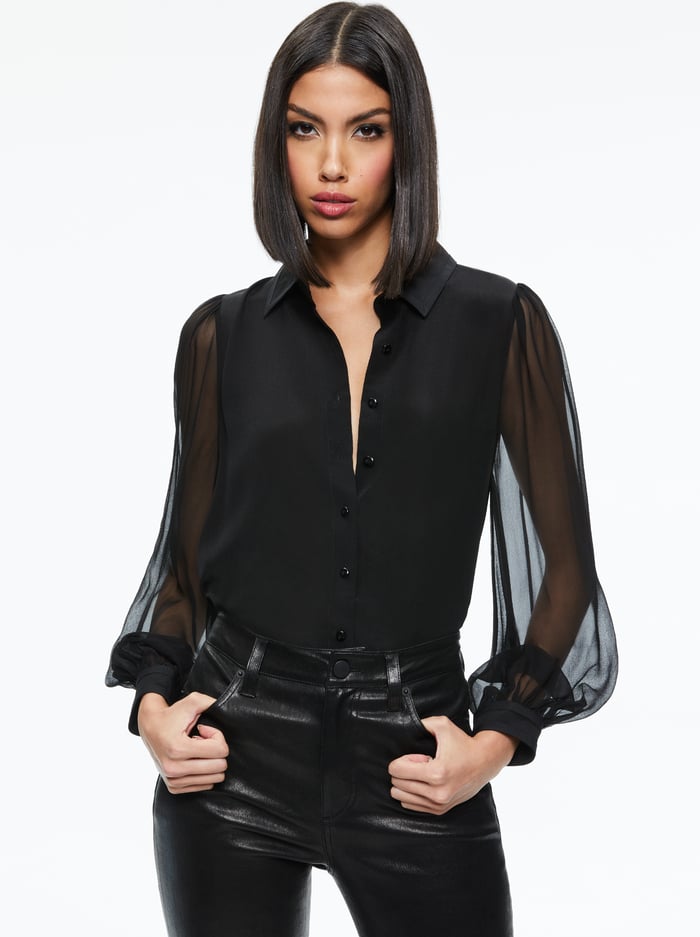 ROANNE BLOUSON SLEEVE BUTTON DOWN - BLACK - Alice And Olivia