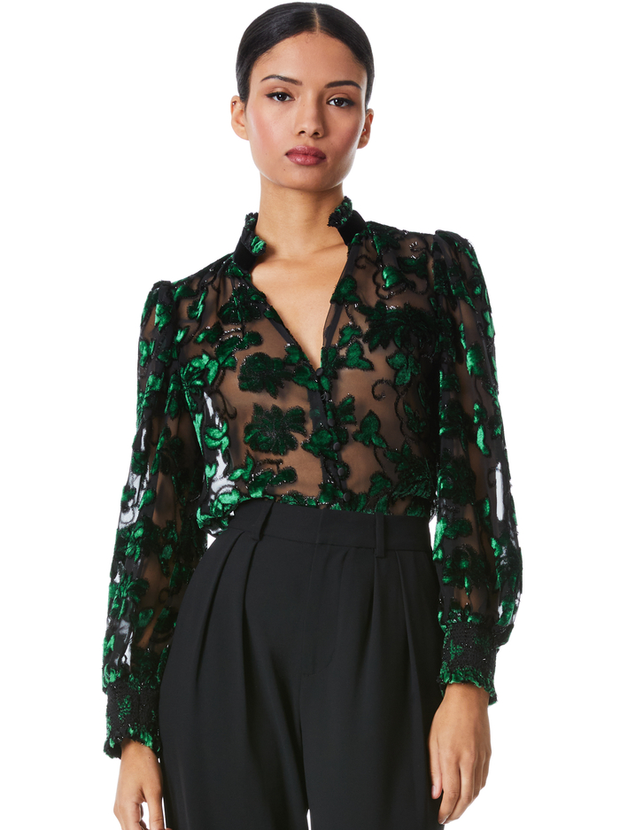 ZINA SHEER BUTTON DOWN BLOUSE - BLACK/EMERALD - Alice And Olivia