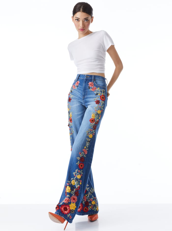 GORGEOUS EMBROIDERED WIDE LEG JEANS - PASADENA BLUE image 4 - Alice And Olivia