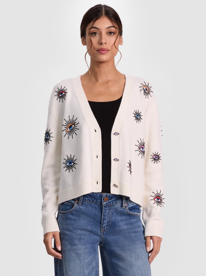 BRADLEY SHORT EMBELLISHED CARDIGAN - ECRU MULTI - Alice And Olivia