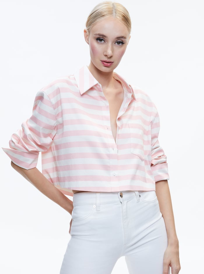 FINELY CROPPED OVERSIZED BUTTON DOWN SHIRT - ADMIRAL STRIPE PINK LACE - Alice And Olivia