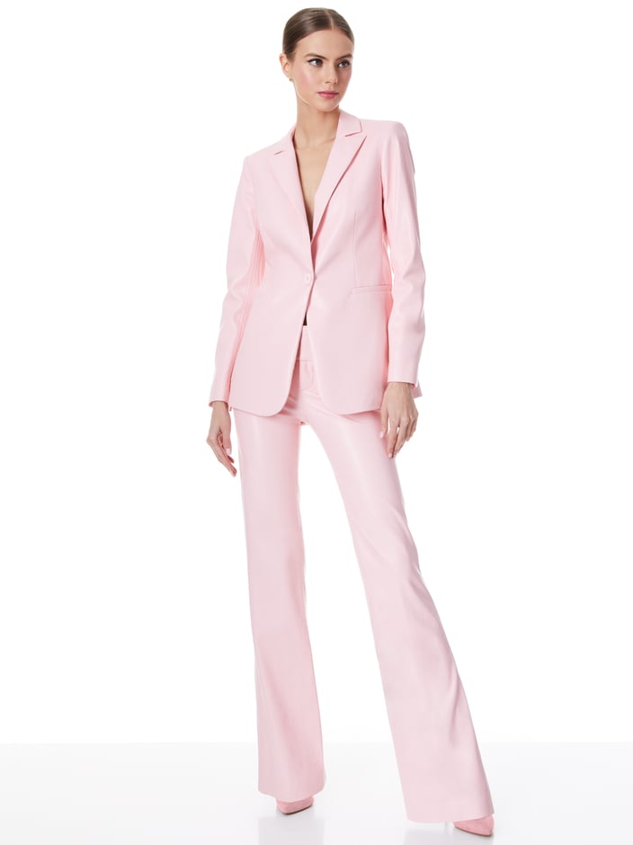 BREANN VEGAN LEATHER LONG FITTED BLAZER + WILLA COMBINATION PLACKET TOP + OLIVIA VEGAN LEATHER BOOTCUT PANT -