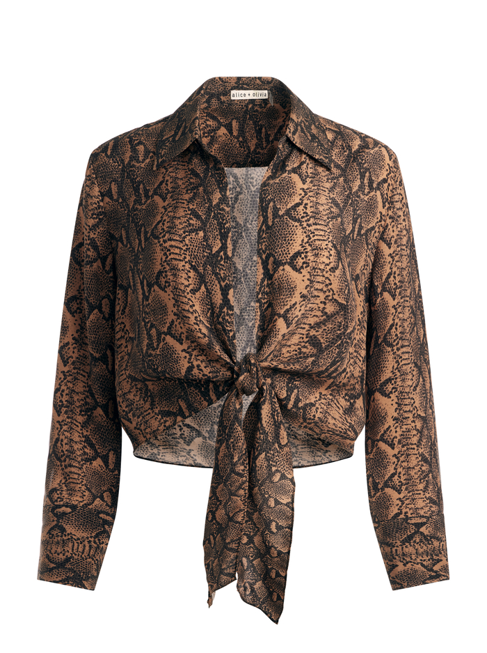 HANNON TIE FRONT BLOUSE - CAMEL/BLACK SNAKE image 6 - Alice And Olivia