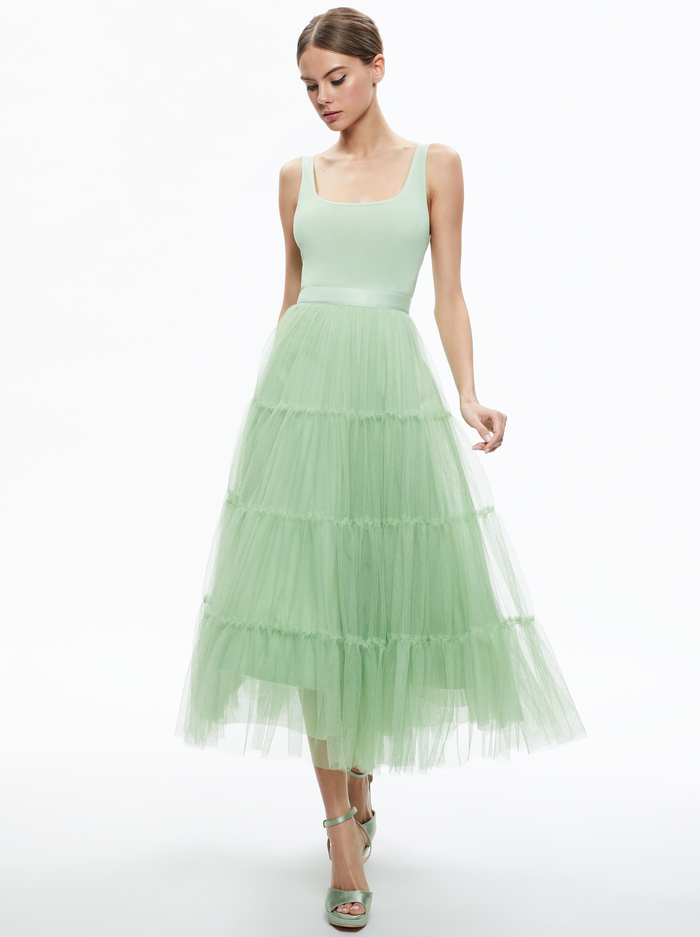 CHARA TULLE SCOOP NECK MIDI DRESS - PISTACHIO - Alice And Olivia