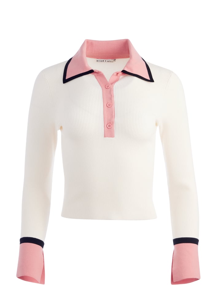 PIA RIBBED KNIT POLO SWEATER - SOFT WHITE/ROSE - Alice And Olivia