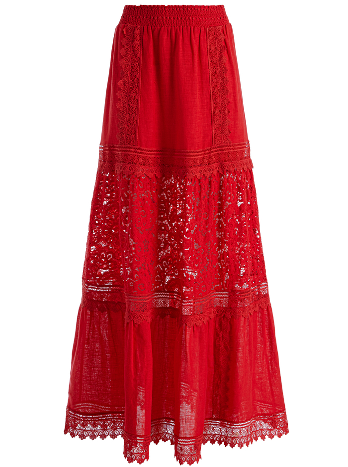 REISE EMBROIDERED TIERED MAXI SKIRT - BRIGHT RUBY image 5 - Alice And Olivia