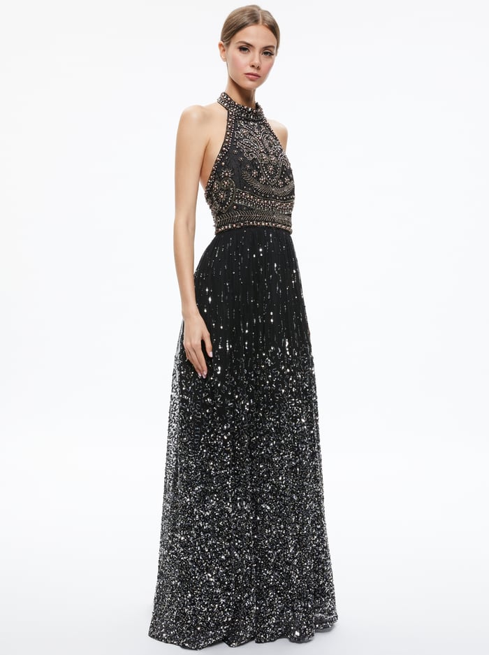 JAEL EMBELLISHED HALTER NECK MAXI GOWN - BLACK/MULTI image 2 - Alice And Olivia