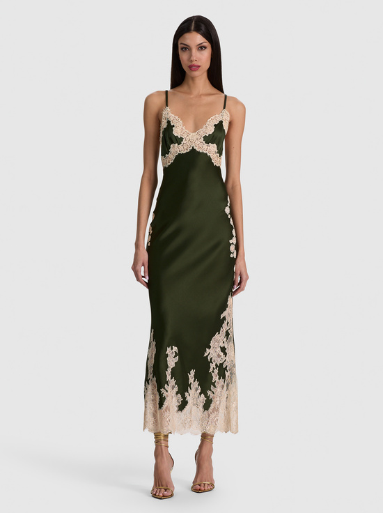 DARK FERN/BISCOTTI-JULIETTA LACE SLIP DRESS