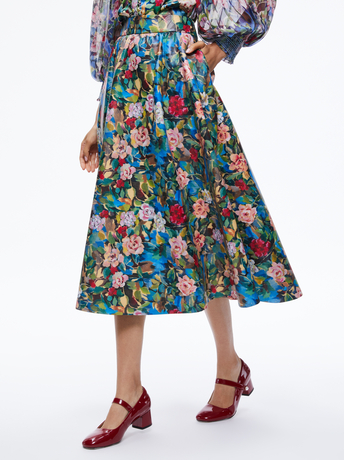 EARLA VEGAN LEATHER FLARE SKIRT + ILAN SMOCKED SLEEVE BUTTON FRONT BLOUSE