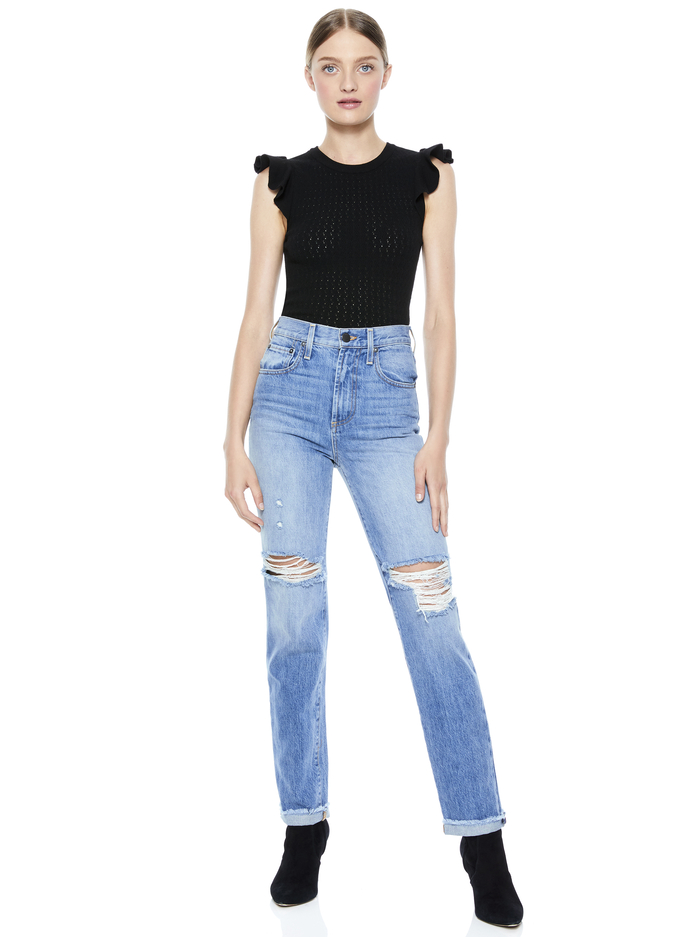 LAMARA RUFFLE SLEEVE CREW NECK TOP - BLACK image 5 - Alice And Olivia