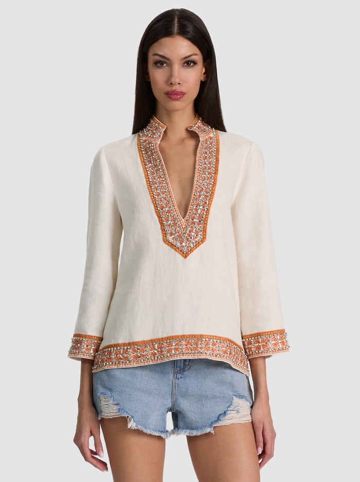 ELEONORA EMBELLISHED LINEN TUNIC TOP - OFF WHITE MULTI - ALICE + OLIVIA