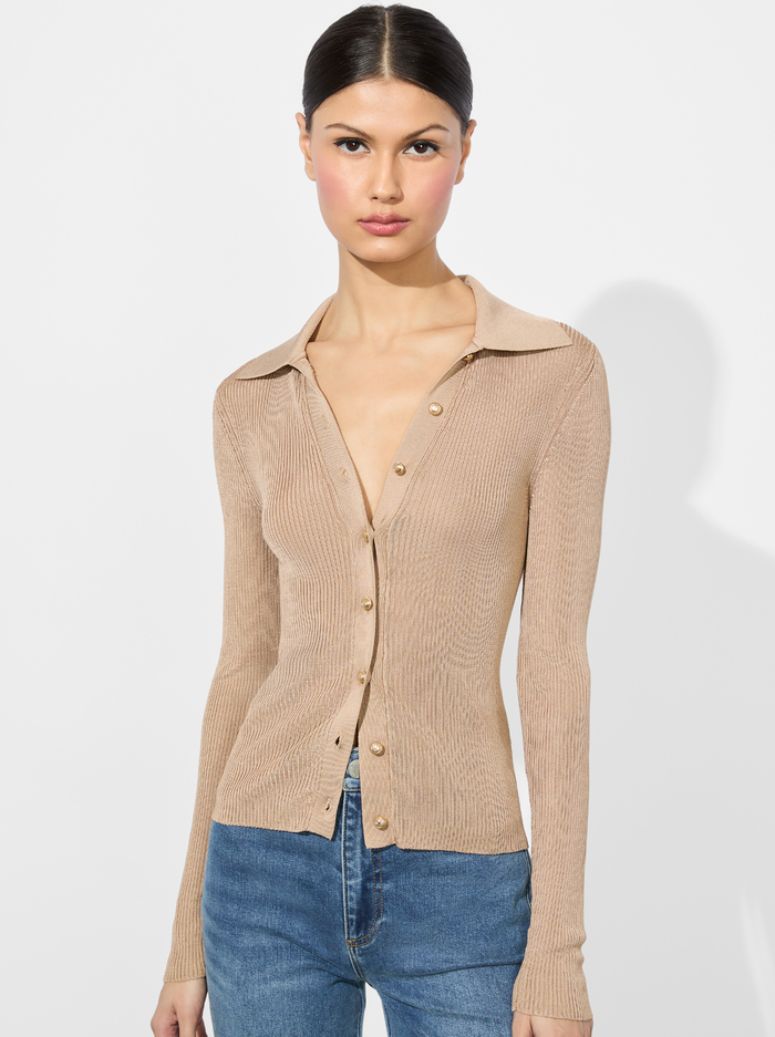 NEALIE RIBBED POLO - TAN - Alice And Olivia