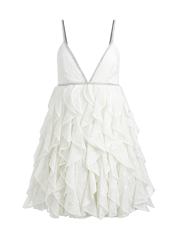 WILMARIE EMBELLISHED LACE RUFFLE MINI GOWN - OFF WHITE image 5 - Alice And Olivia