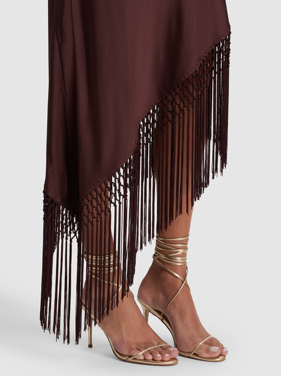 DARK CHOCOLATE-HARMONY ASYMMETRICAL FRINGE MAXI DRESS