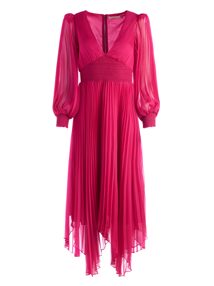 SION SUNBURST PLEATED SMOCKED WAIST MIDI DRESS - RASPBERRY image 5 - Alice And Olivia