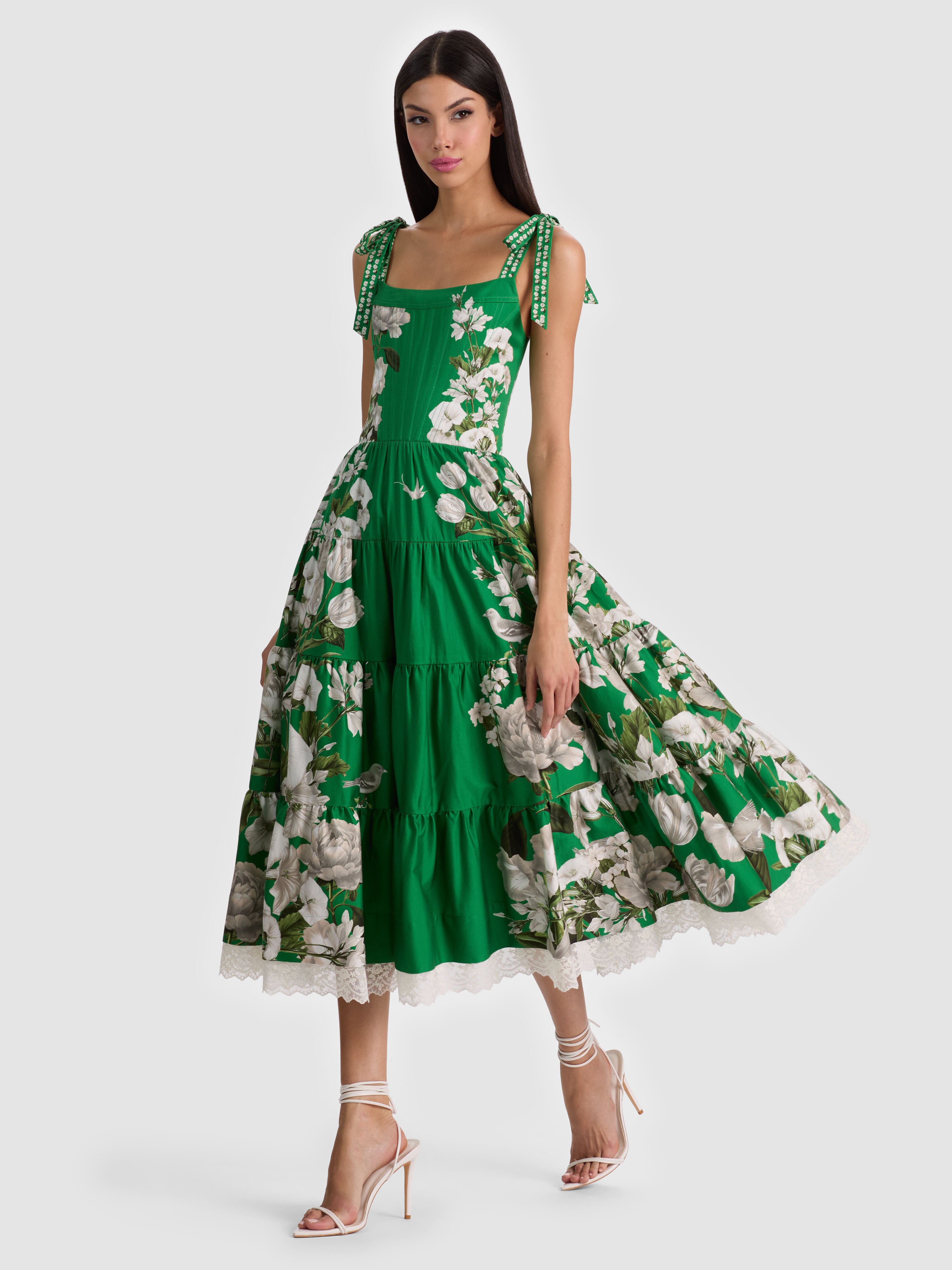 ROSALEE BUSTIER MIDI DRESS in AMERICAN BEAUTY GREEN APPLE | ALICE